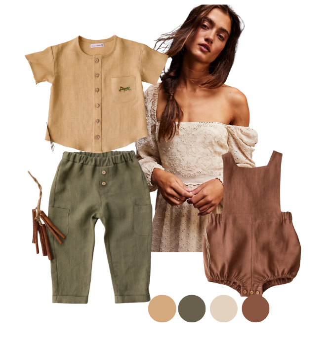 Selection of clothes that would be perfect for a Mommy and Me photoshoot. Boys linen shirt and pants, boys linn romper and a lace dress for mom