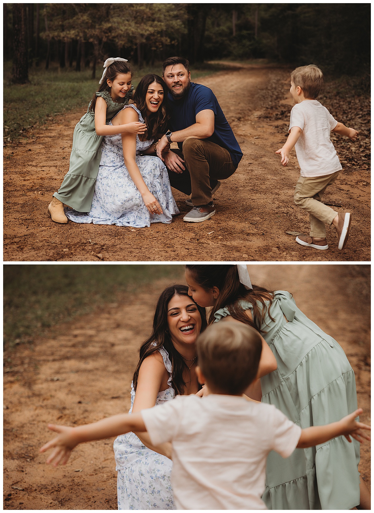 Kids run to parents showing Why You Should Coordinate Outfits Instead Of Matching For Your Family Photos 