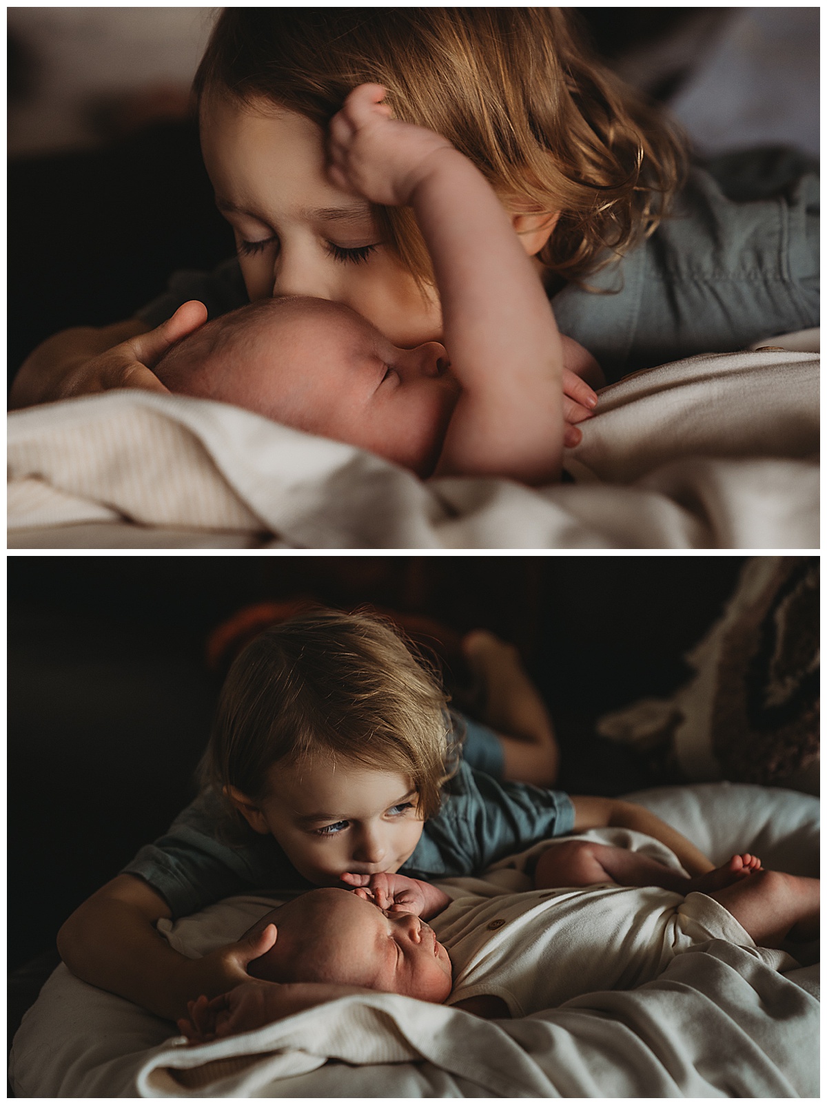 Siblings cuddle together showing Why You Should Choose An In-Home Newborn Session 