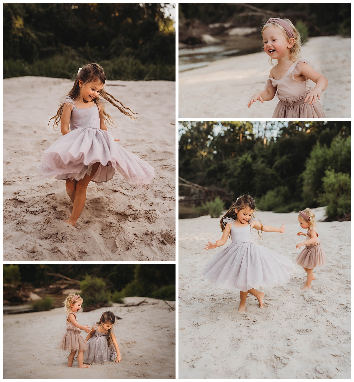 Young children dance in the sand for The Woodlands Family Photographer 