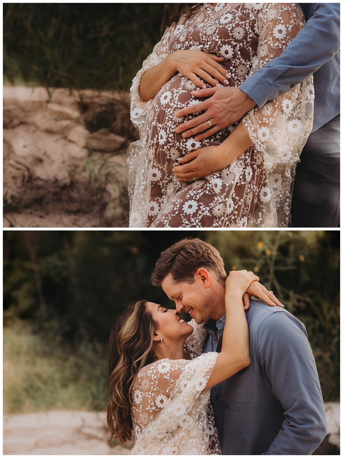 Mom and dad embrace a pregnant belly by showing the Perfect Time for Maternity Photos