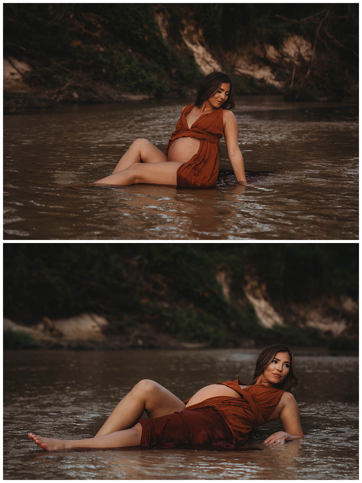 Female lays in the water byThe Woodlands Family Photographer