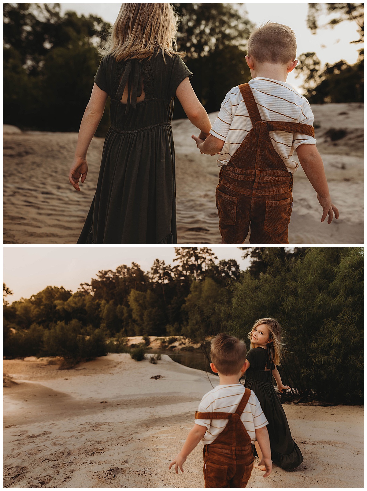 Kids walk together and holds hands by The Woodlands Family Photographer