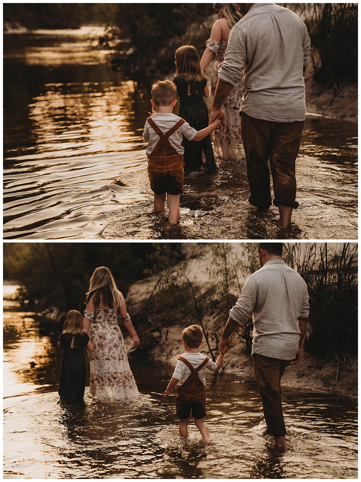 Parents walk with their kids in the water by The Woodlands Family Photographer