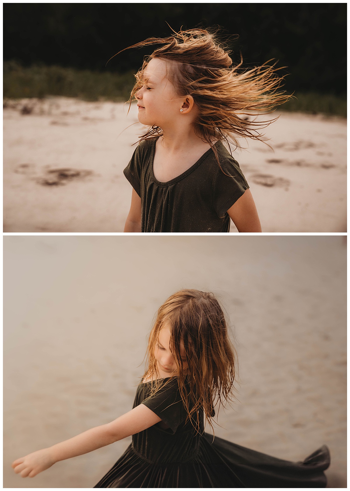 Young child dances and spins by The Woodlands Family Photographer