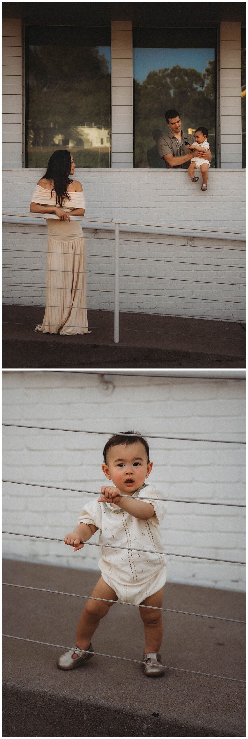 Family stands at a railing for The Woodlands Family Photographer