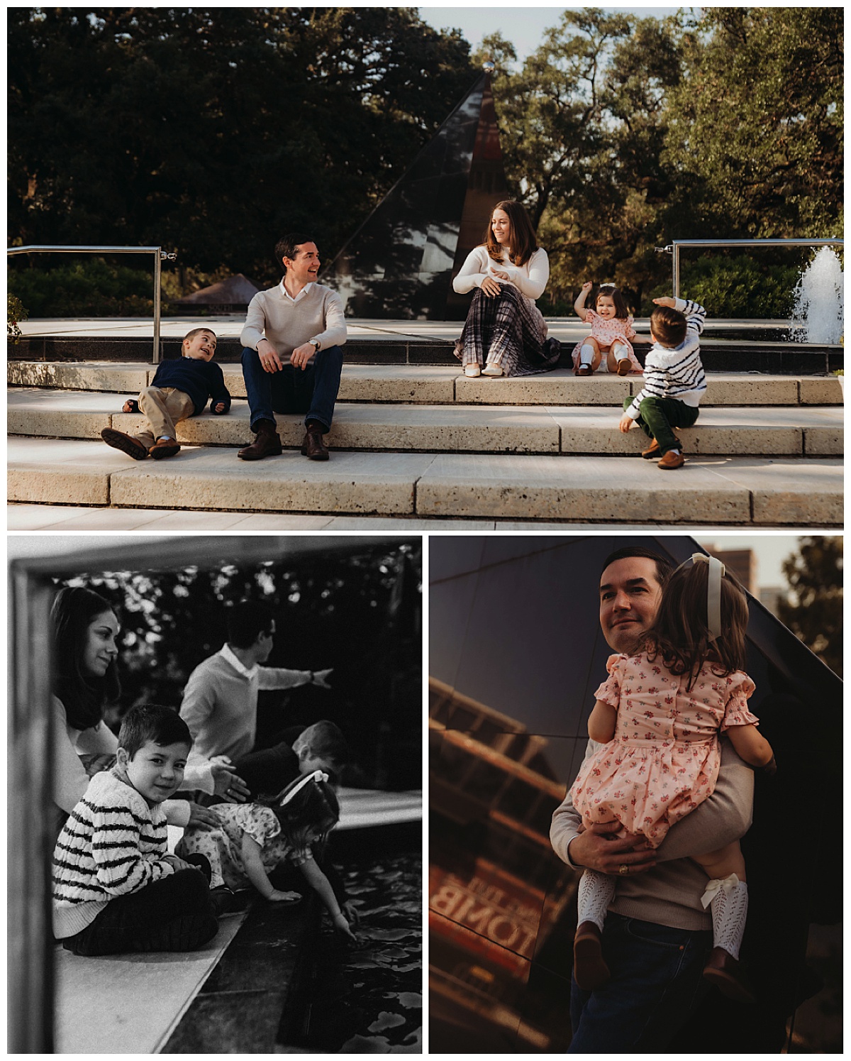 Family sit together outside on some steps for The Woodlands Family Photographer