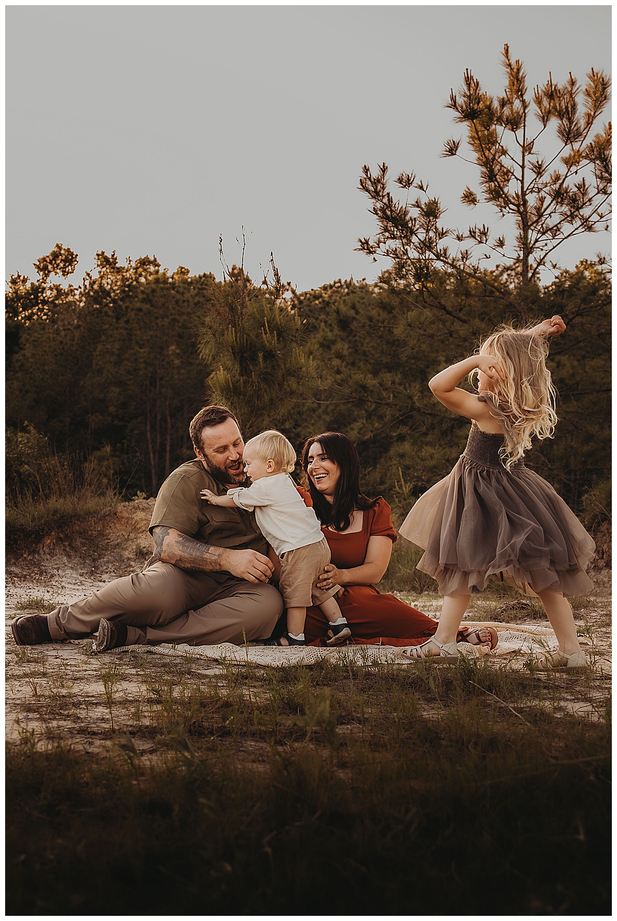 Kids hug and run around their parents following my suggestion of Golden Hour for Family Photos