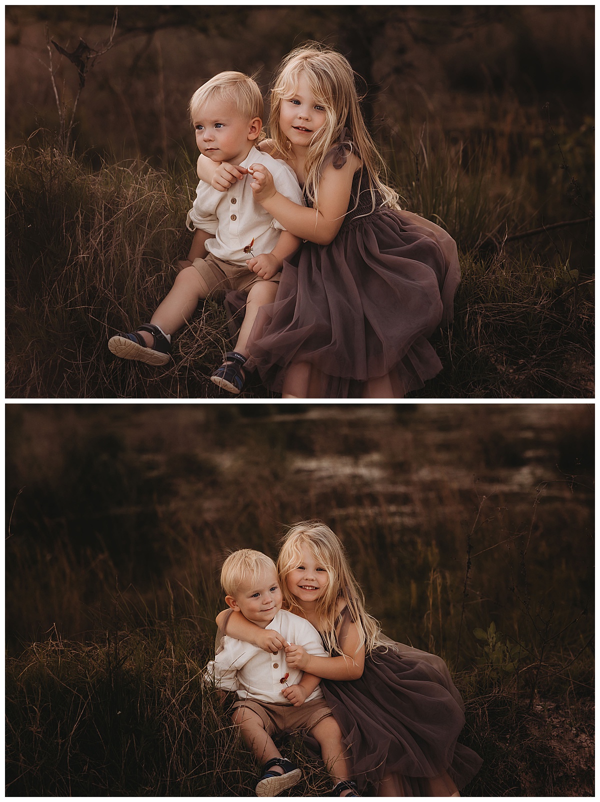 Kids sit and hug each other for The Woodlands Family Photographer