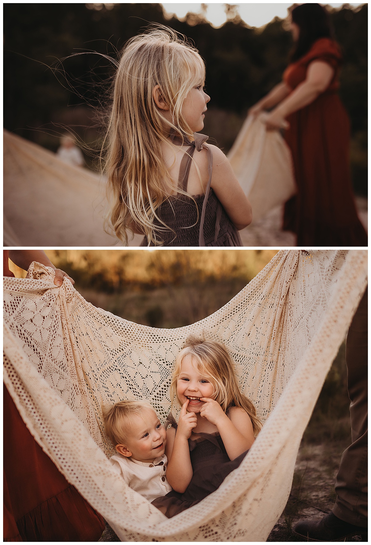 Kids play with their parents in a blanket following a my suggestion of Golden Hour for Family Photos