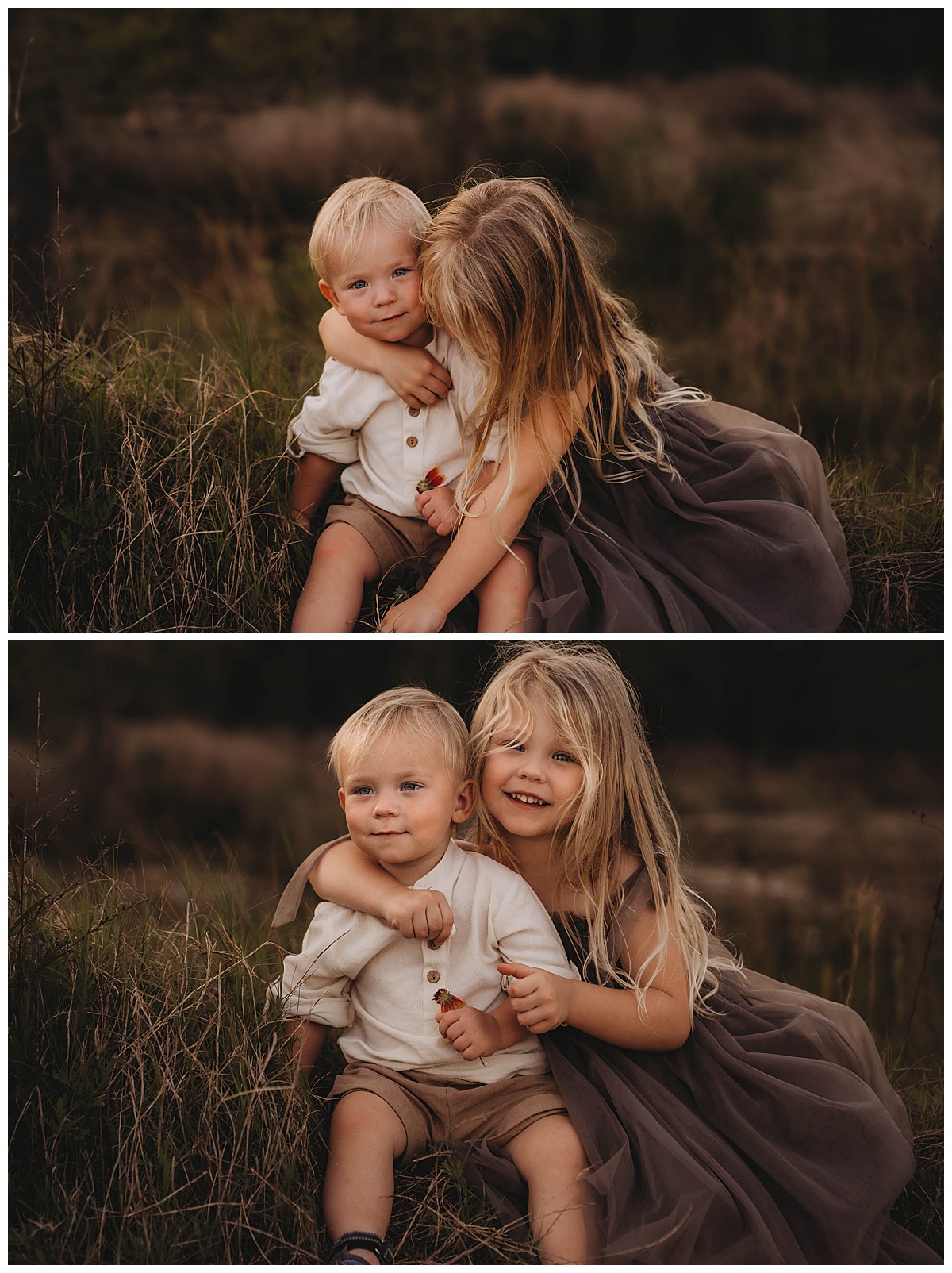 Brother and sister hold each other close for The Woodlands Family Photographer