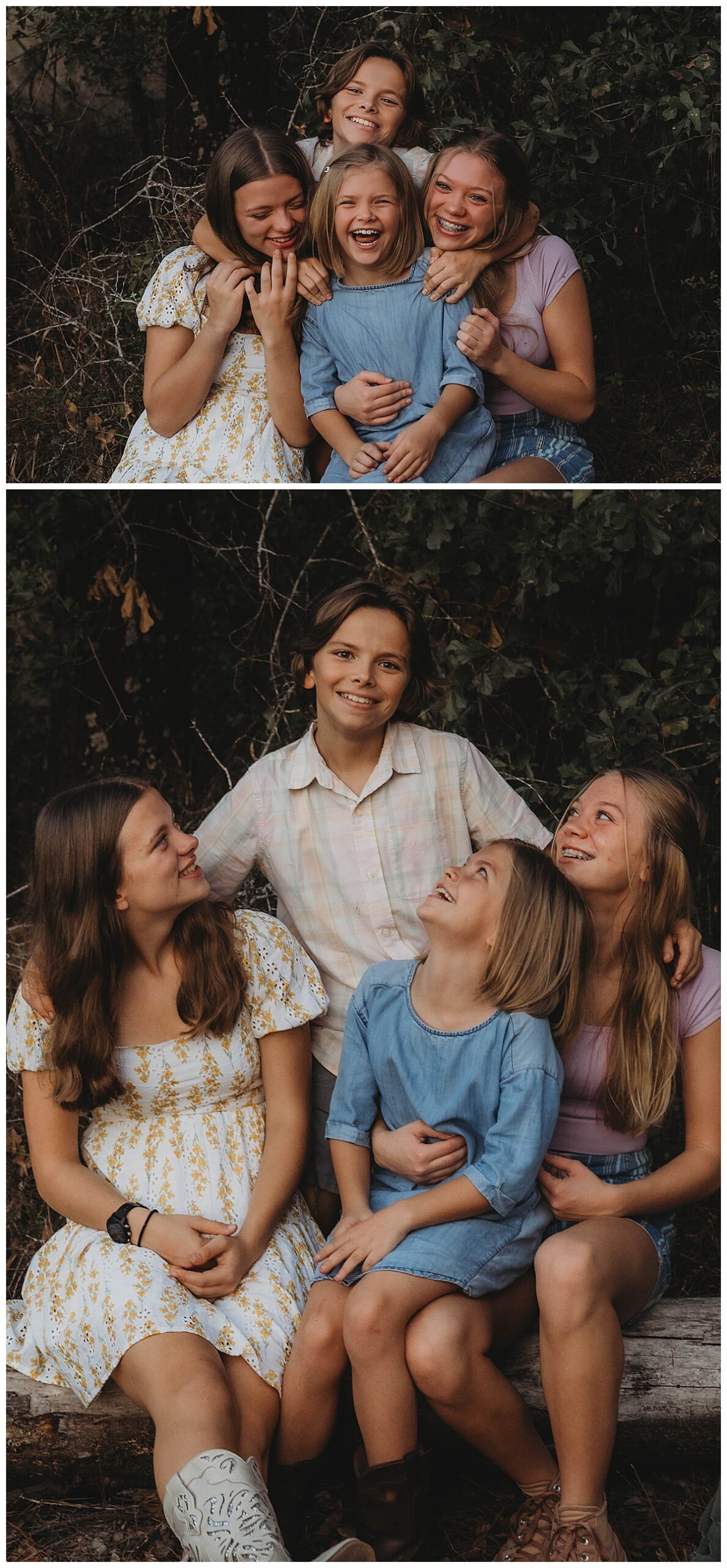 Kids smile and holds each other close for The Woodlands Family Photographer