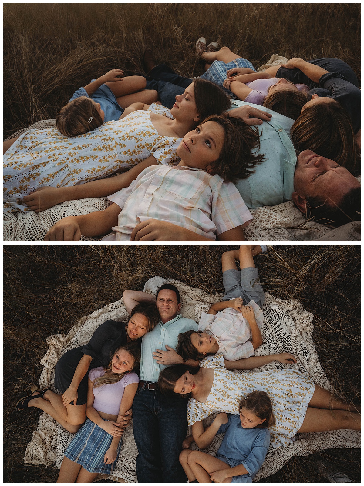 Family lay together on a blanket showing the importance of Printing Your Family Photos 