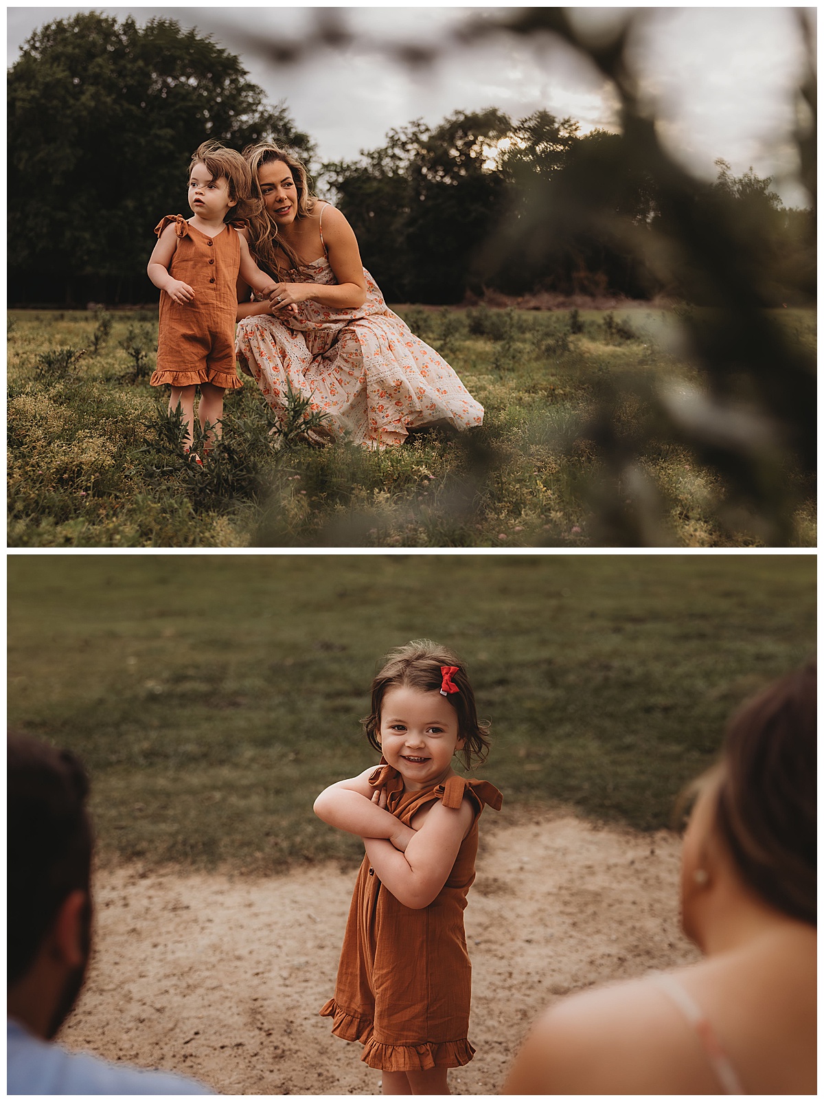 Young girls stands near mom and smiles at her parents for The Woodlands Family Photographer