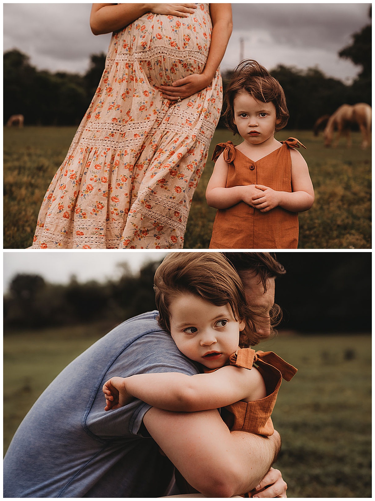 Young girl stands near her mother and father for The Woodlands Family Photographer