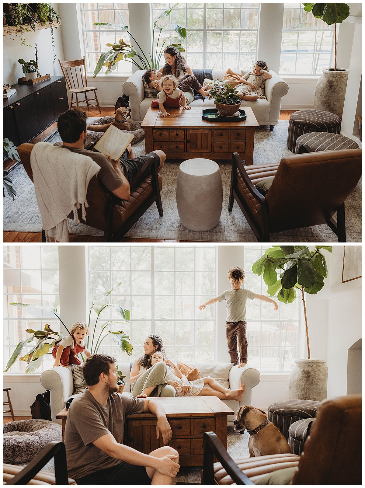 Family sit together enjoying time with one another showing How to Style Your Home for an In-Home Lifestyle Session