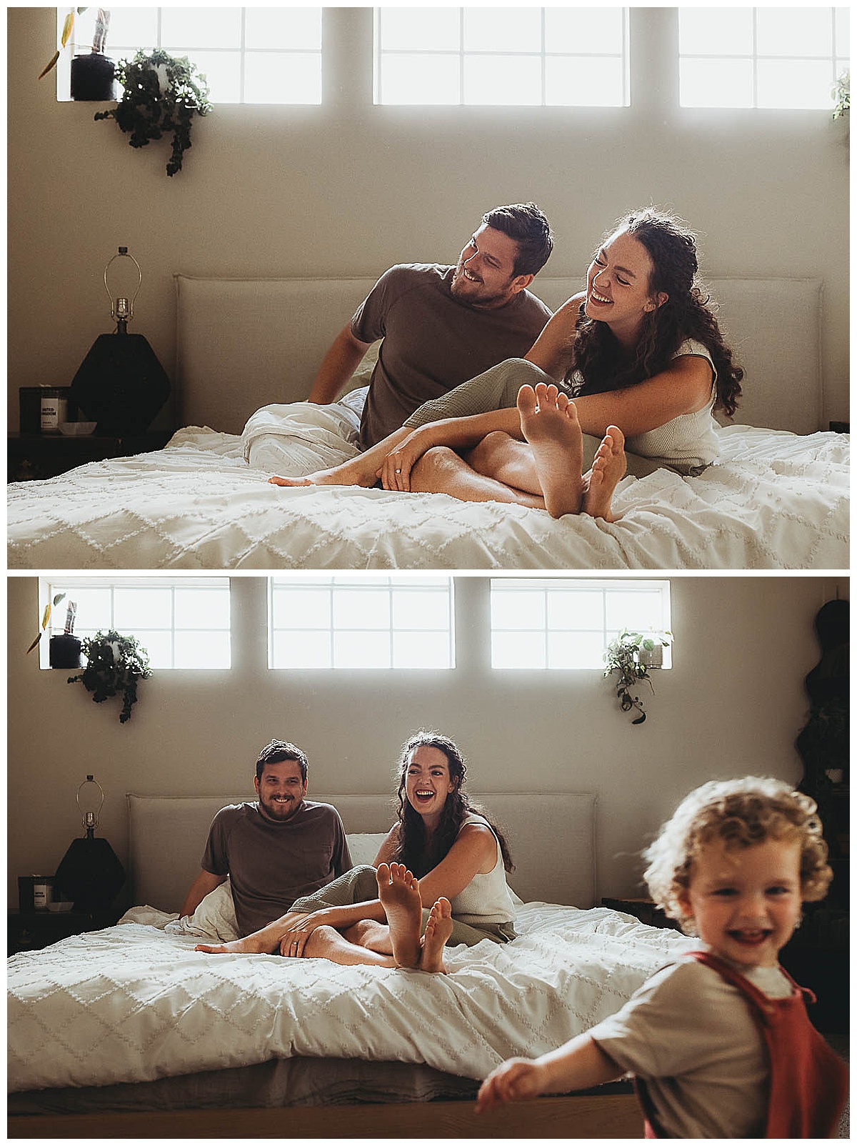 Parents sit on the bed with a beautiful home showing How to Style Your Home for an In-Home Lifestyle Session