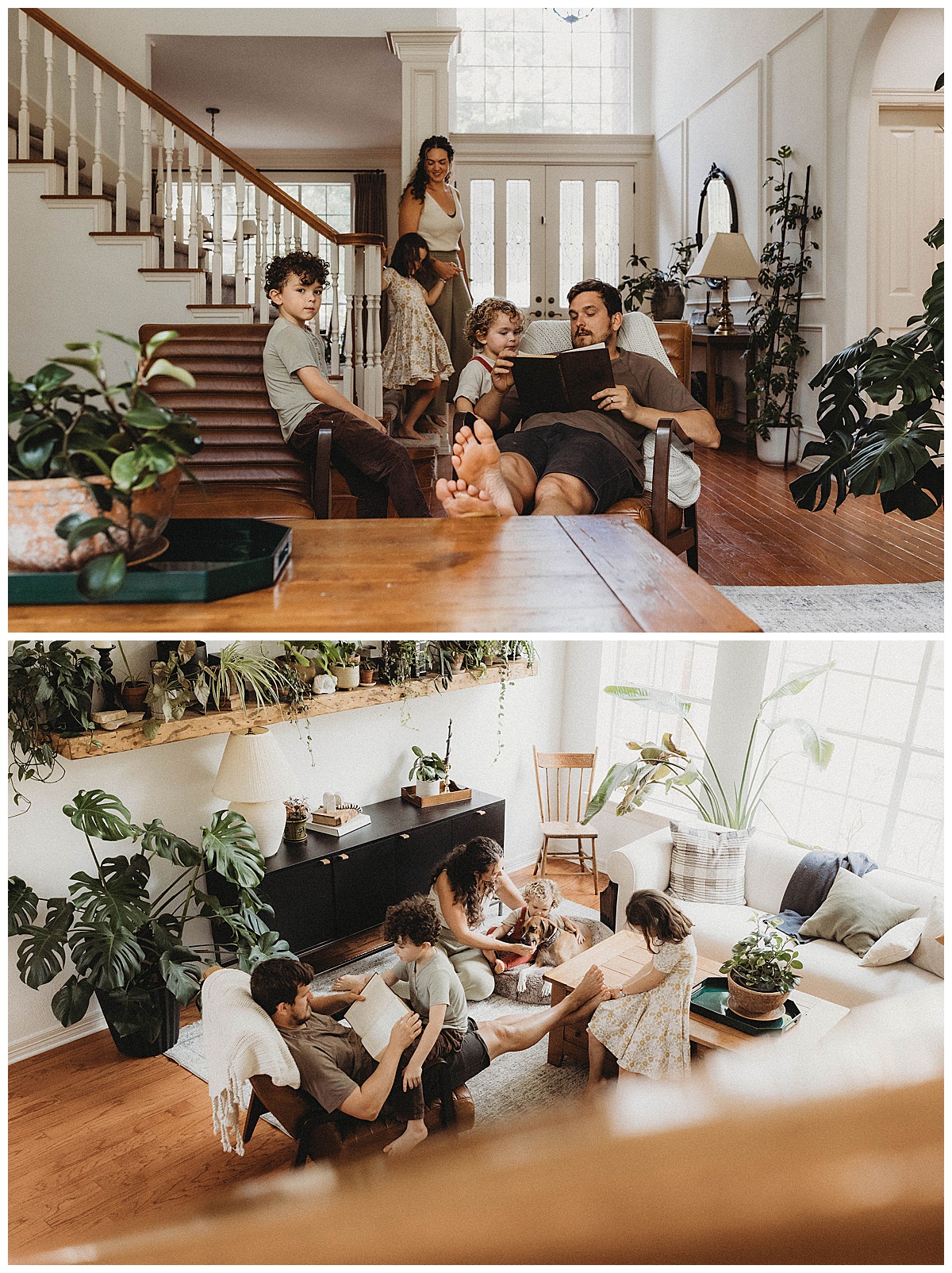 Family sit together in a beautiful house showing How to Style Your Home for an In-Home Lifestyle Session